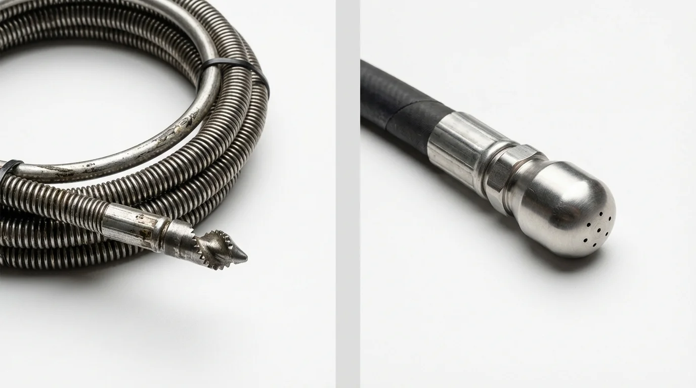 Drain snake cable and hydro jetting nozzle used for drain cleaning in Medford, OK