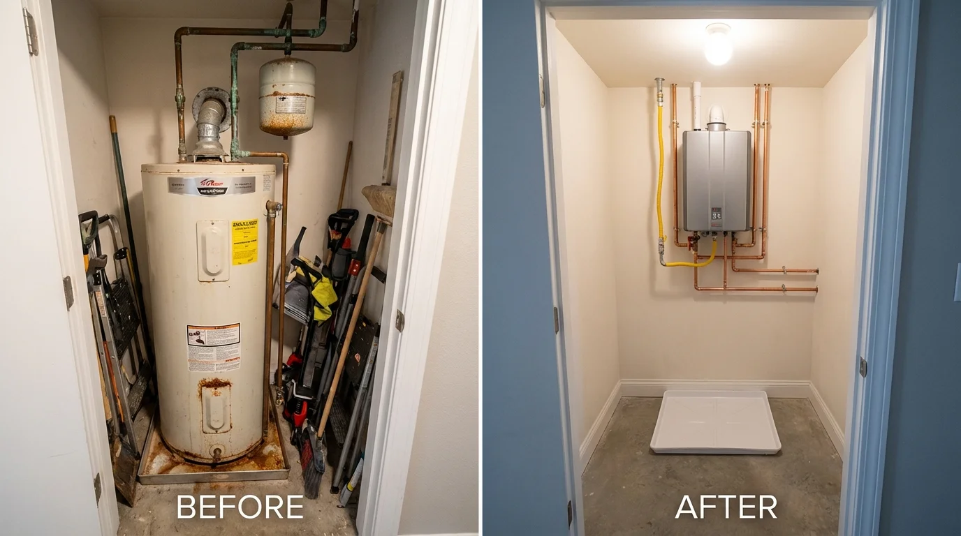 Tank water heater versus wall-mounted tankless unit comparison for Medford, OK homeowners