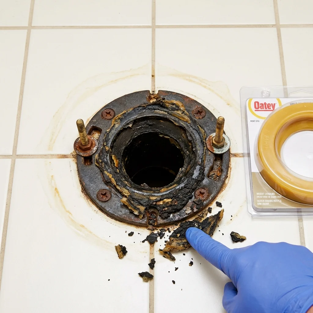 Failed wax ring showing water seepage at the base of a toilet in a Medford, OK home
