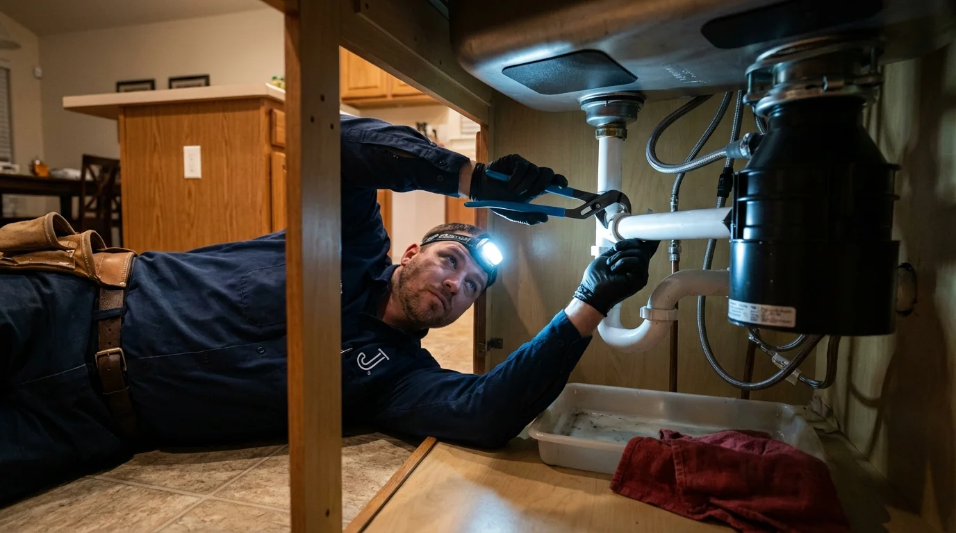 P-trap and supply line connections under a kitchen sink showing a common leak point in Medford, OK
